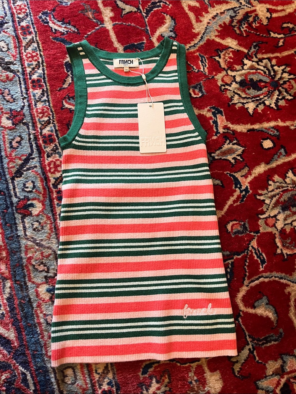 FRNCH Pink & Green Striped Ribbed Knit Tank Dress